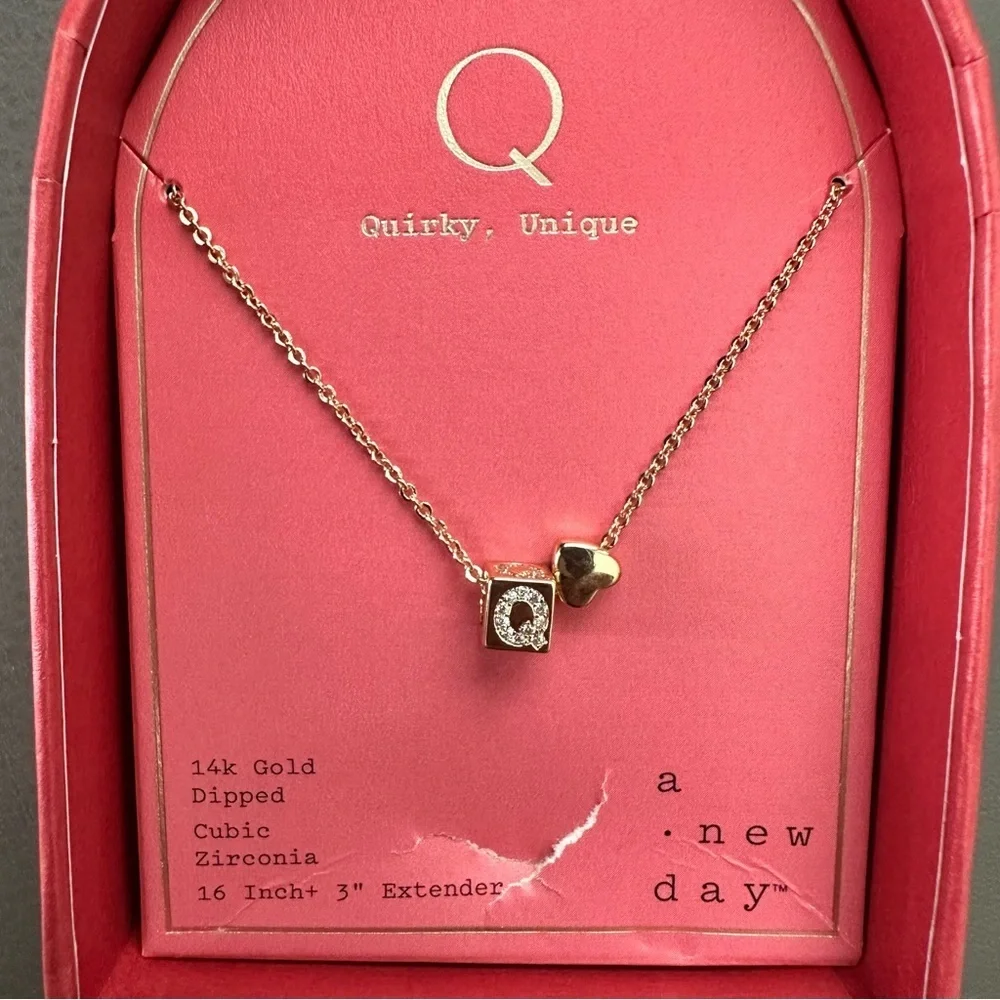a New Day 14K Gold Dipped Slider Heart and Initial Cube Q Pendant Necklace